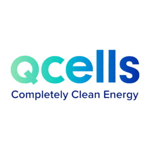 QCELLS logo with a teal to colbot blue gradient and the words "Completely Clean Energy" below
