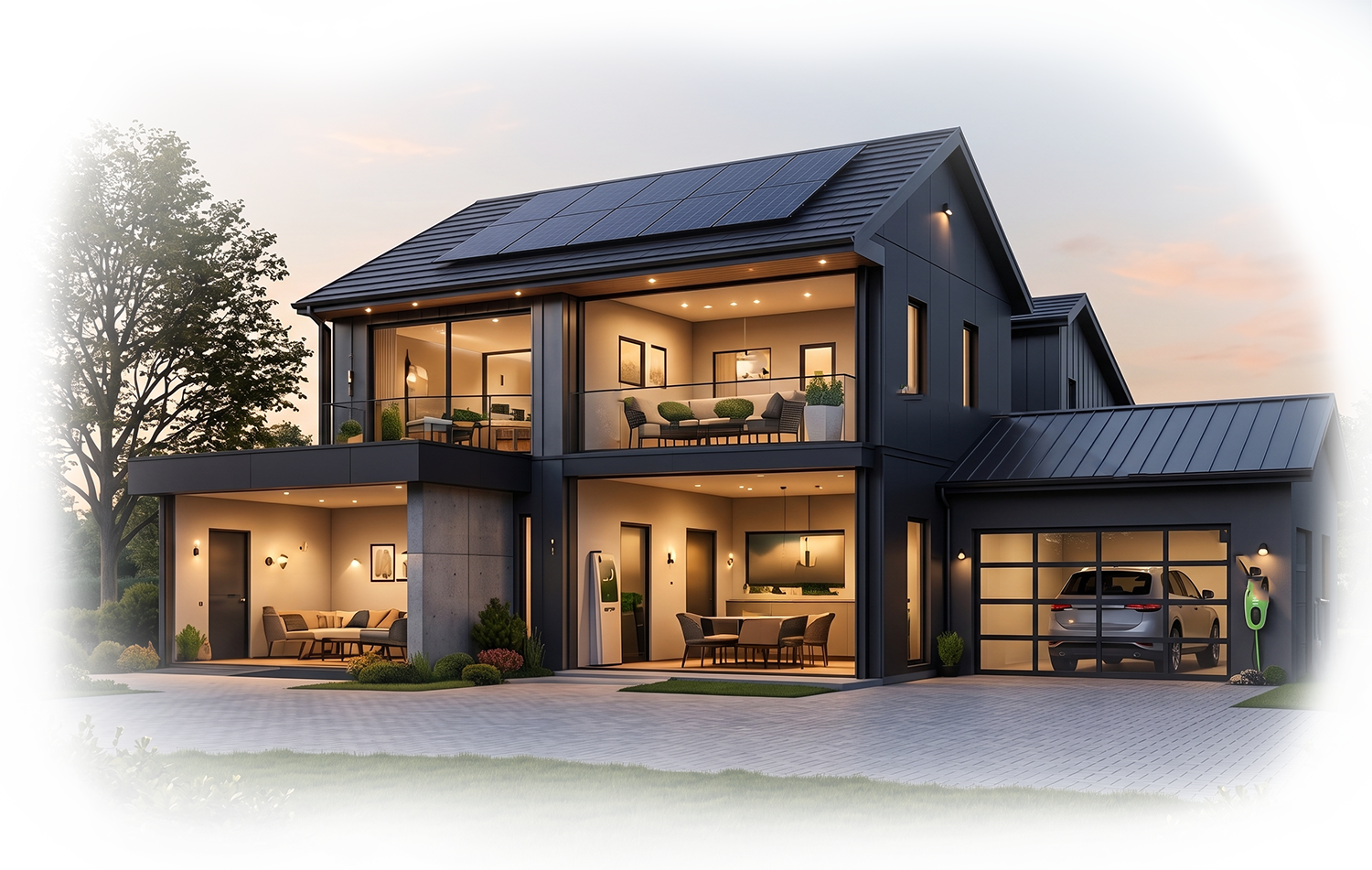 Modern smart home with solar panels and EV charging